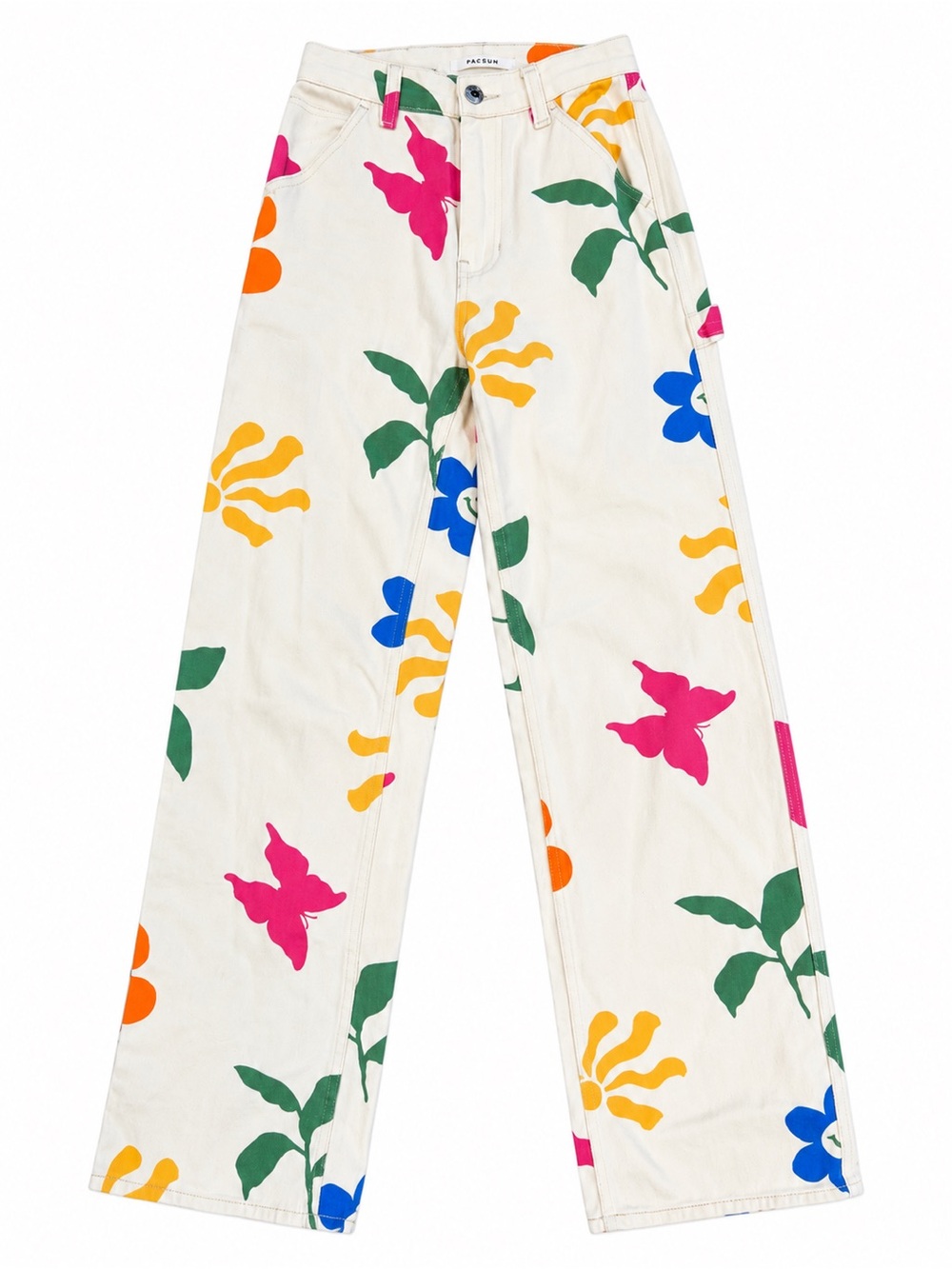 PacSun Cream High-Rise Wide Leg Jeans with Bright Floral Motif